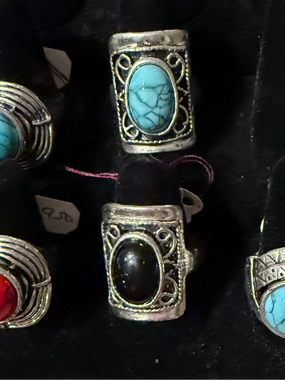 Sterling-Style Silver Statement Ring with Turquoise and Black Stones